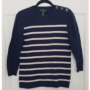 Lauren Ralph Lauren Navy‎ Cream Striped Sweater Sz M Nautical Coastal Beach